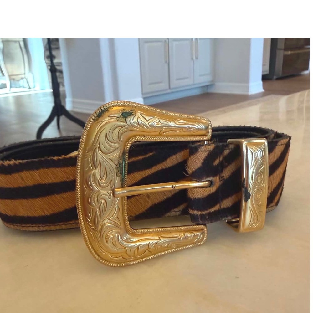 Vintage Avignon Women Tiger Print Calf Hair Western Belt Gold Buckle Size L